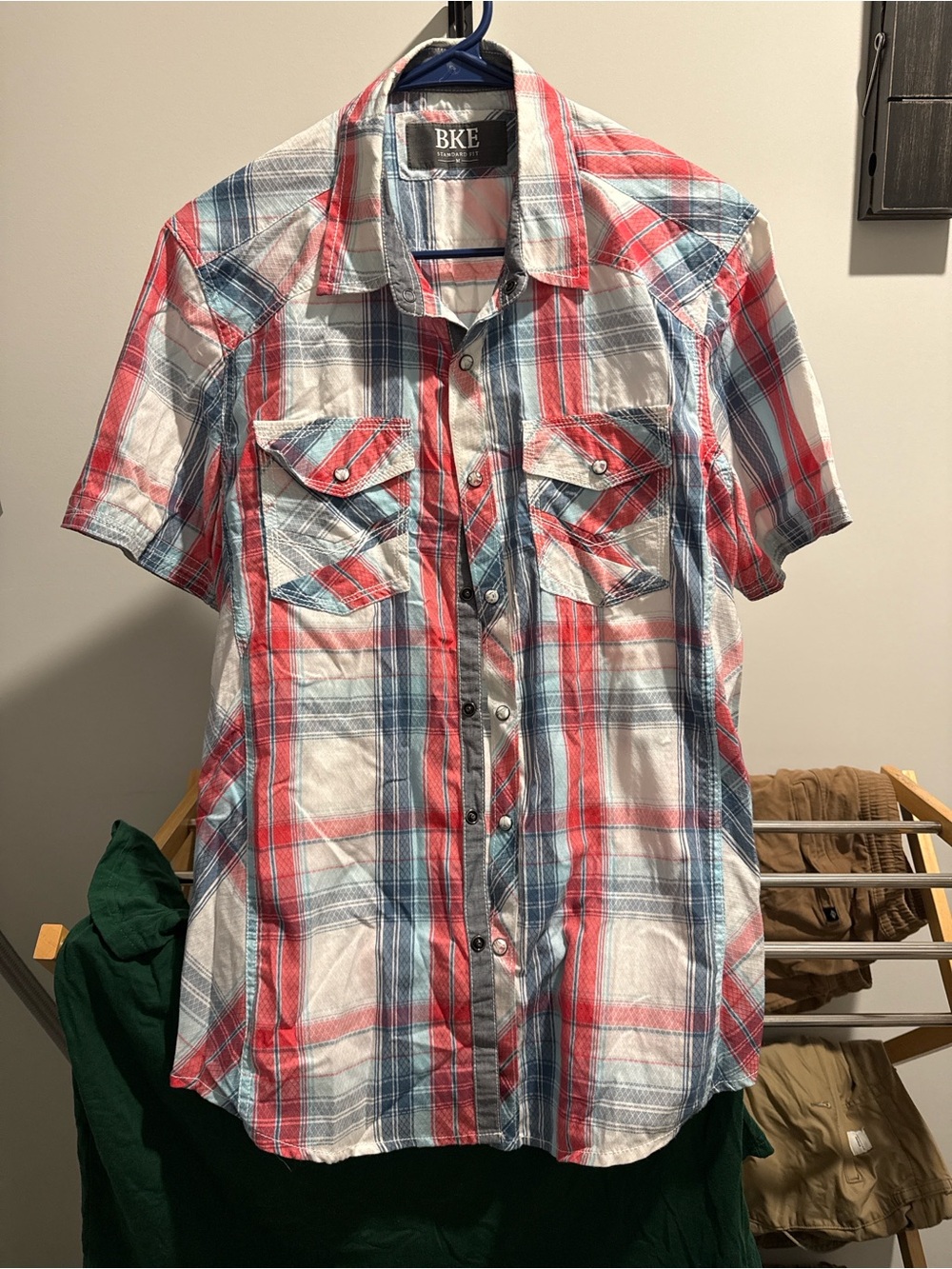 BKE Men’s Red, Blue & White Plaid Short-Sleeve Button-Down Shirt